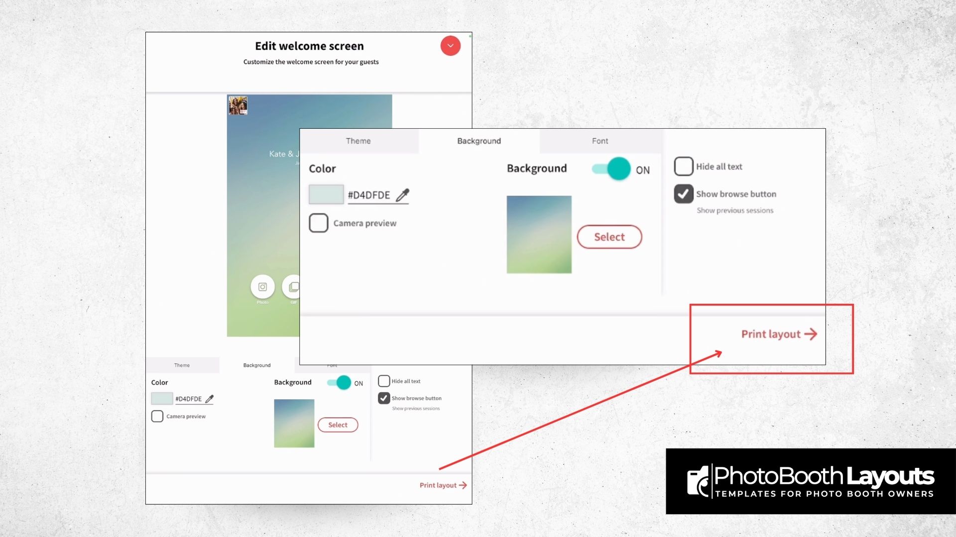 LumaBooth template editing interface on iPad with print layout option highlighted for photo booth customization.