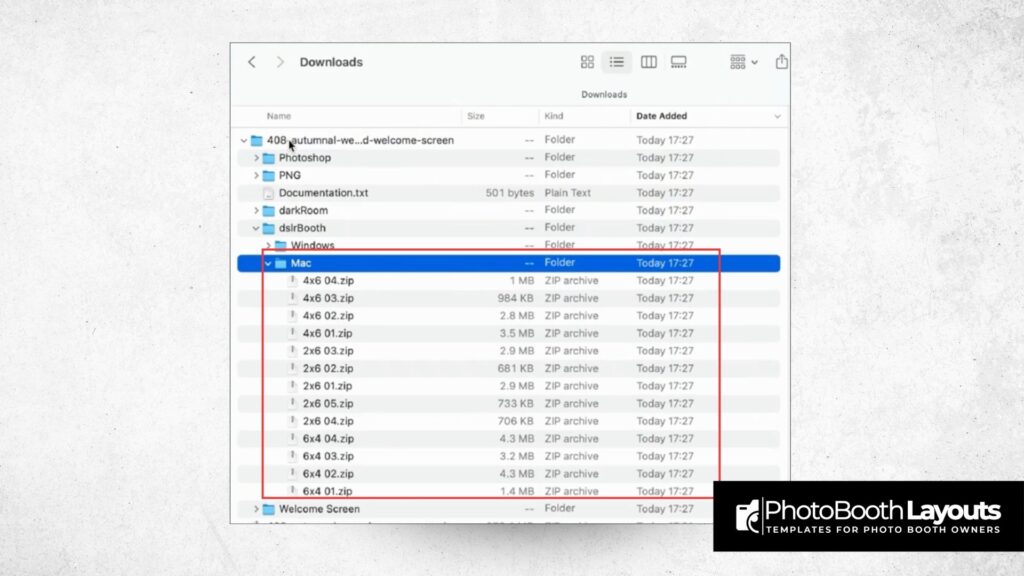 Mac Finder window showing downloaded DSLRBooth template ZIP files ready for import, highlighted in the Downloads folder.