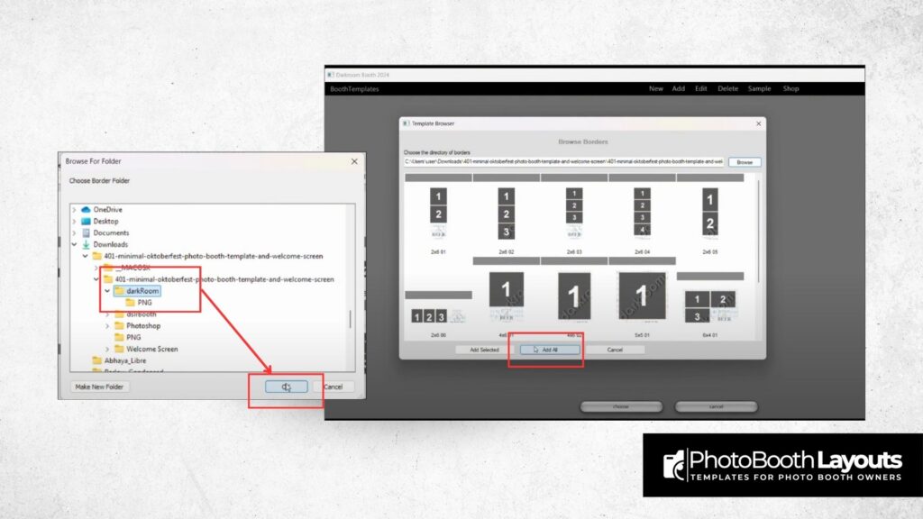 Editing text in Darkroom Booth templates using folder selection and template browser options.