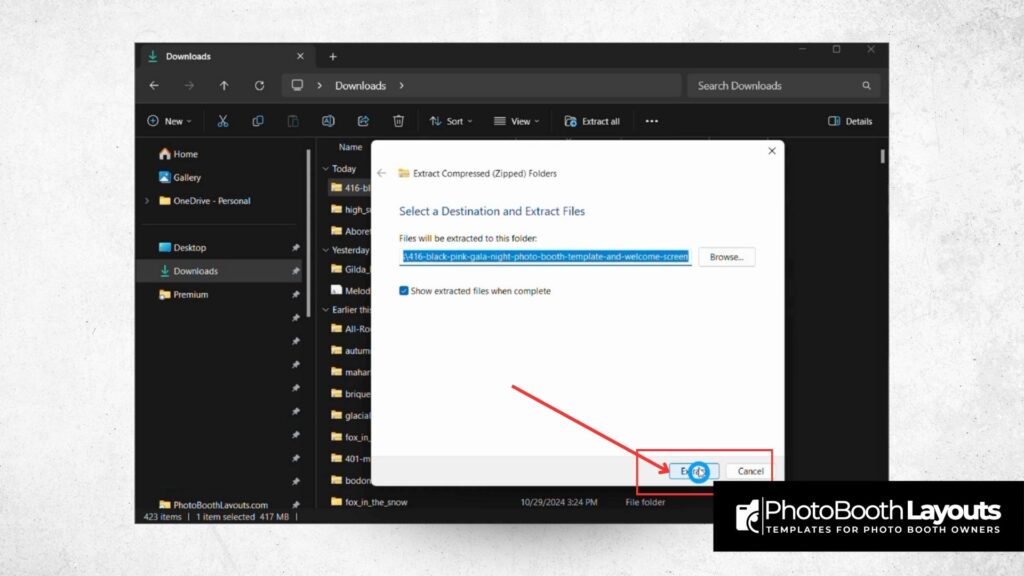 Extracting a zipped DSLRBooth template folder in Windows File Explorer with destination path highlighted.