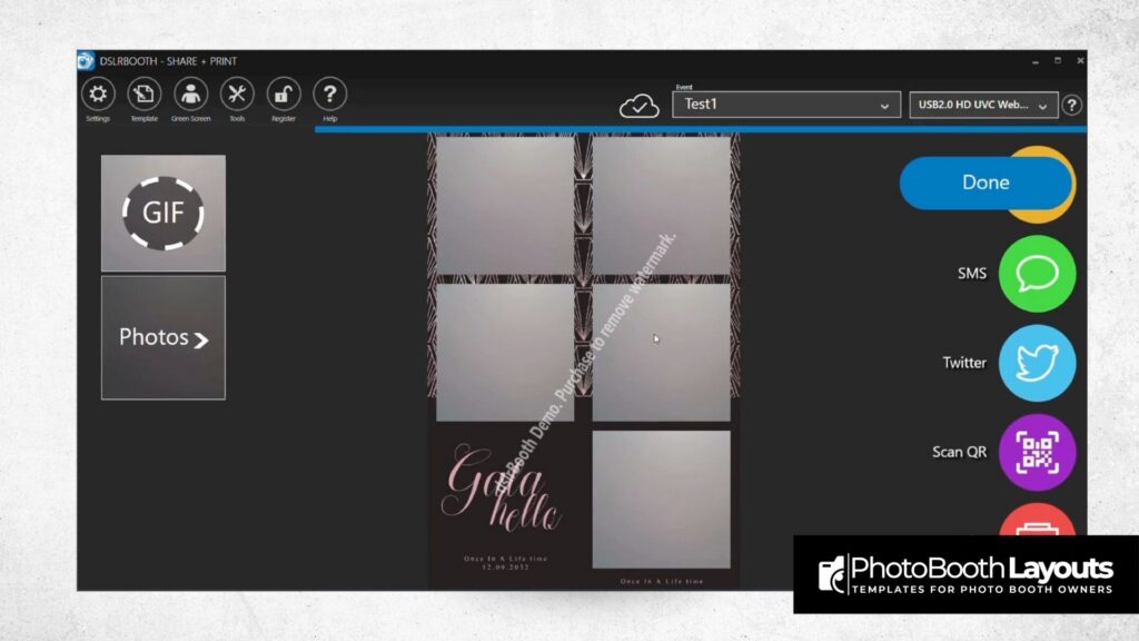 DSLRBooth template editing screen on Windows with photo layout and sharing options for GIF, SMS, Twitter, and QR code.