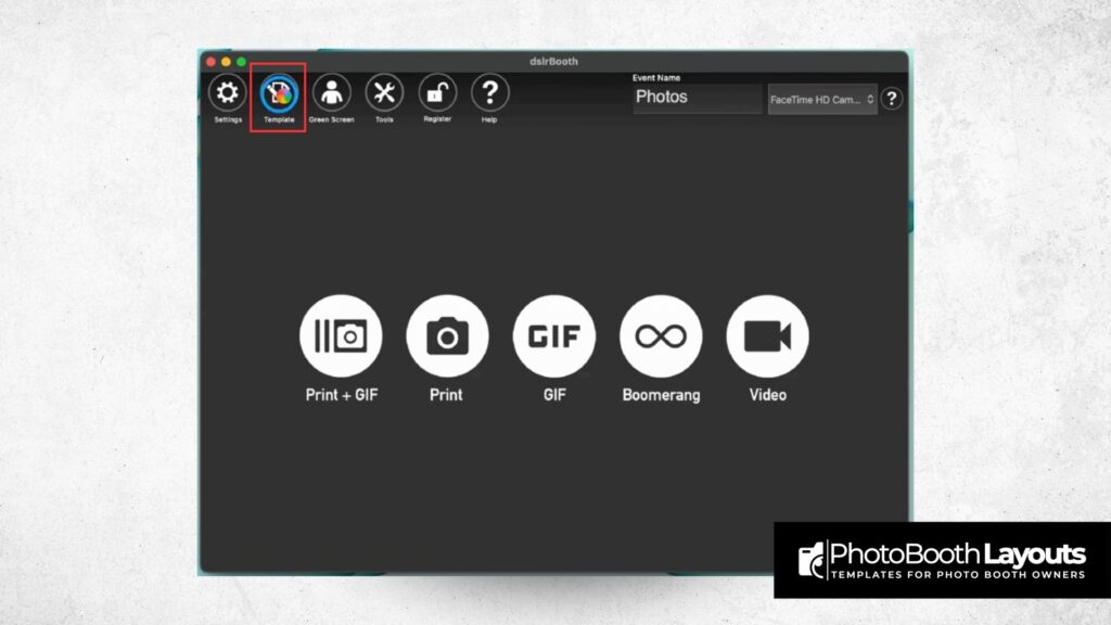 DSLRBooth Mac interface highlighting the template import button for adding new photo booth templates.