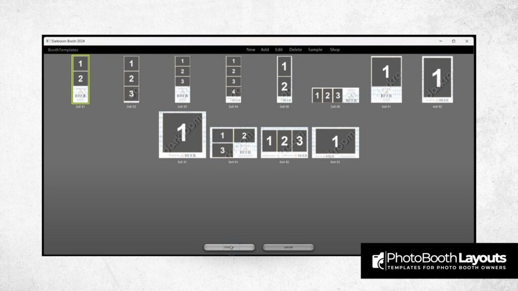 Darkroom Booth template editor interface displaying multiple photo booth layout options for editing text.