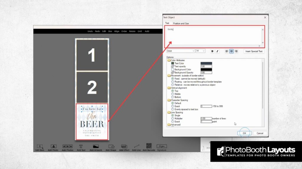 Editing text in Darkroom Booth template with text box and formatting options displayed on screen.