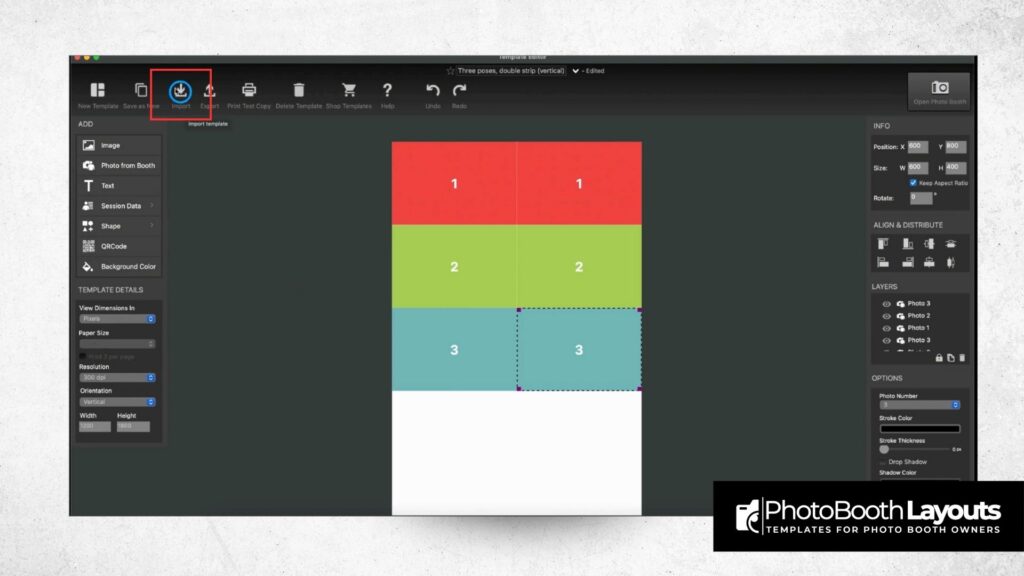 DSLRBooth template import screen on Mac with highlighted import button and layout editor visible