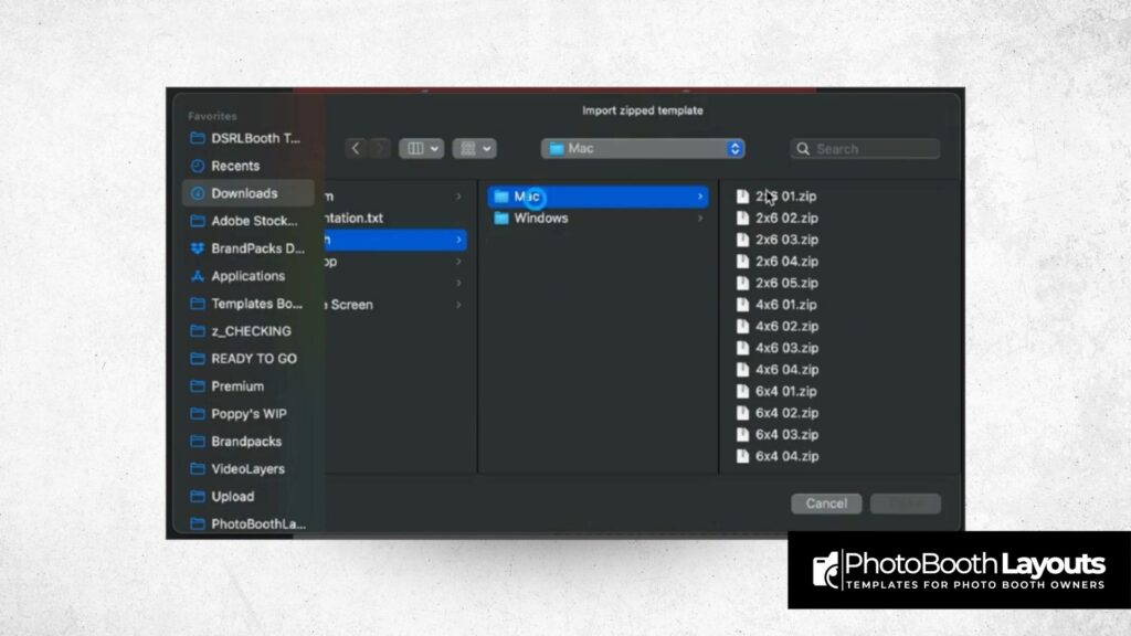 Import zipped template window in DSLRBooth on Mac showing folder selection and PhotoBooth Layouts logo.
