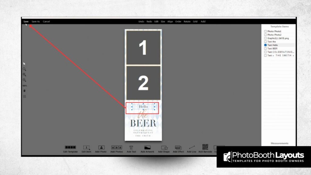 Editing text in Darkroom Booth template with highlighted text box and menu options visible on screen.