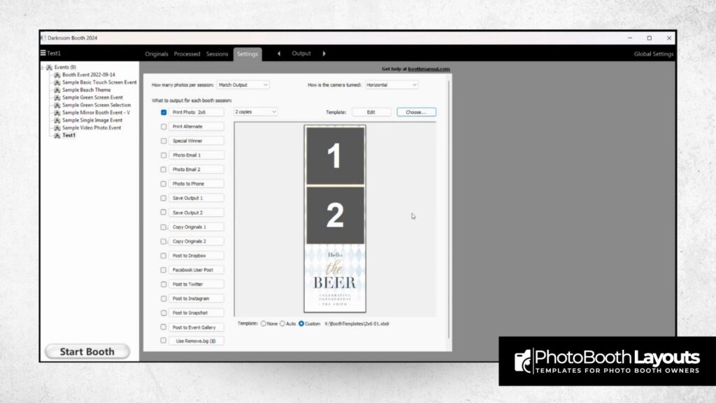 Editing text in Darkroom Booth template settings screen with photo booth layout options displayed.
