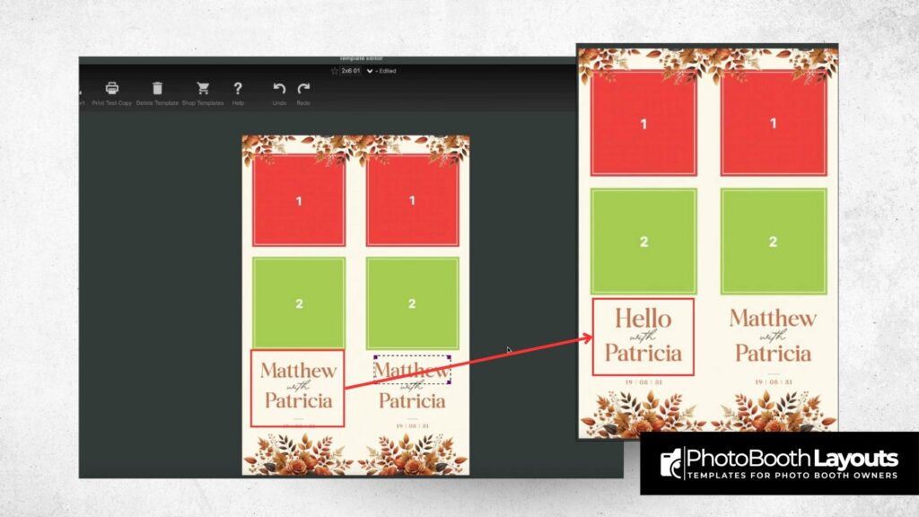 DSLRBooth template import on Mac showing layout customization with four photo slots and personalized text.