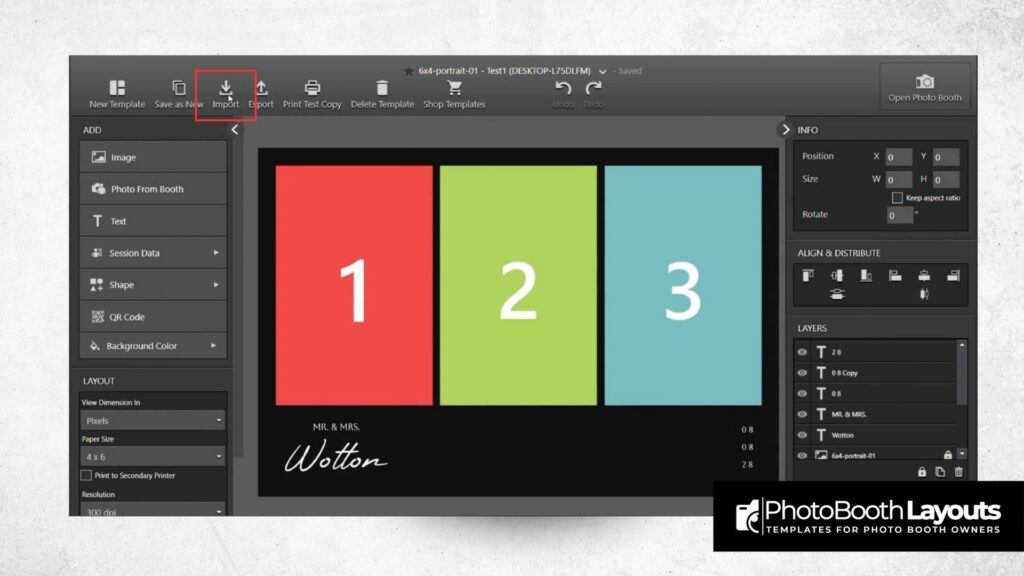 DSLRBooth template import screen on Windows with editing options and layout customization panel visible.