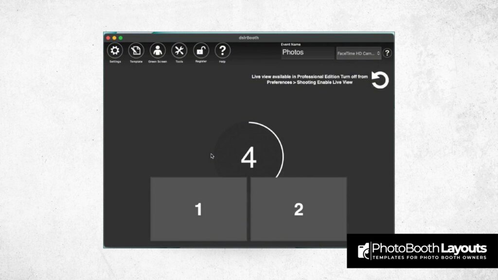 DSLRBooth Mac interface displaying template import options with PhotoBooth Layouts logo in the corner.
