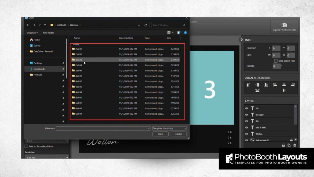 Importing and editing a template in DSLRBooth on Windows with file selection window open.