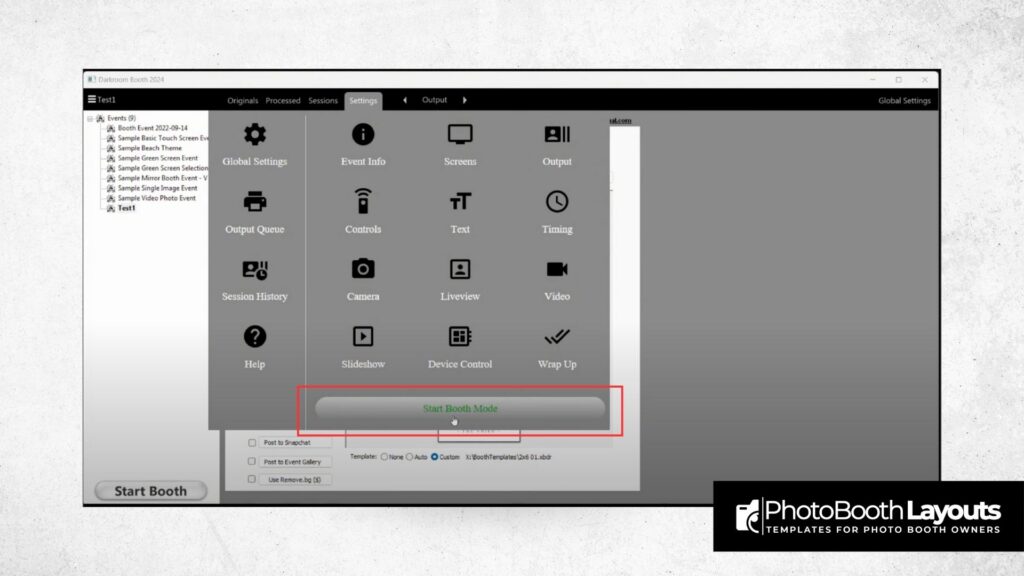Darkroom Booth software interface showing steps to import templates with Start Booth Mode button highlighted.