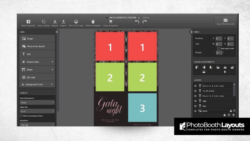 DSLRBooth template editor on Windows showing imported photo booth layout with editable sections and design tools.
