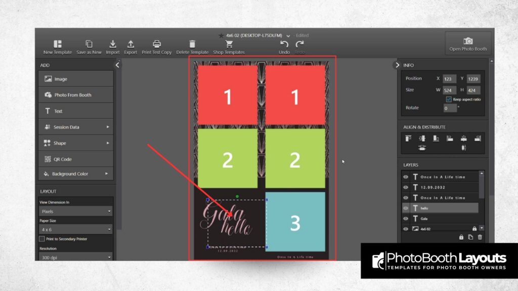 DSLRBooth template editor on Windows showing imported photo booth template with editable text and image sections.