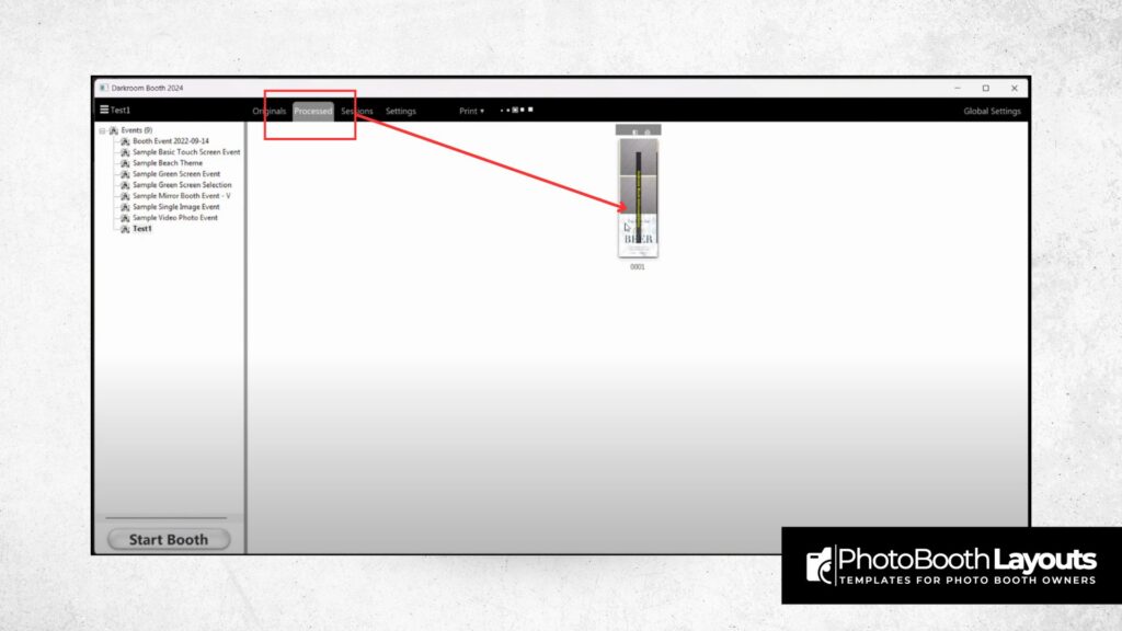 Darkroom Booth software interface highlighting the 'Prompts' tab for importing templates, with PhotoBooth Layouts logo.