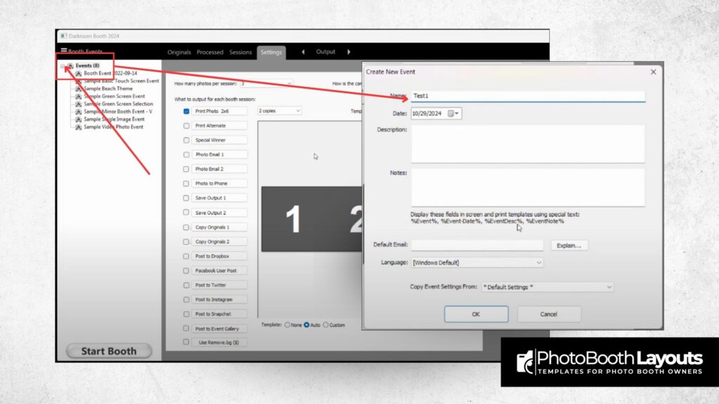 Darkroom Booth software interface showing steps to import templates with event creation window open.