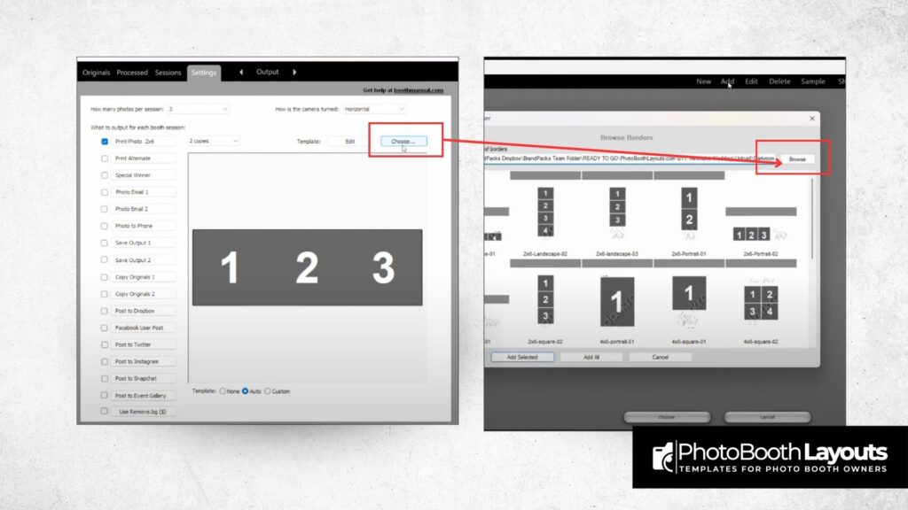 Darkroom Booth import template screen with steps highlighted for choosing and browsing template files.